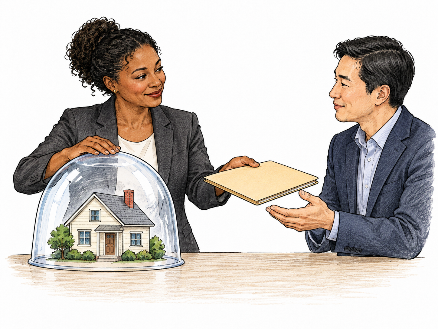 An adult underwriter places a protective transparent shield over a small house model while offering a plain funding folder, symbolic financial guarantee against loss, no contract writing.