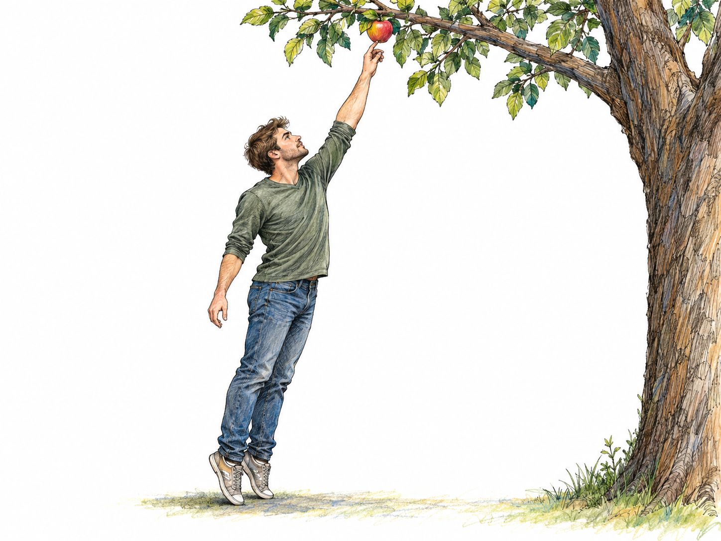 A man stretches upward, his fingertips making contact with an apple still attached to a high branch, visibly reaching the limit of his extended arm.