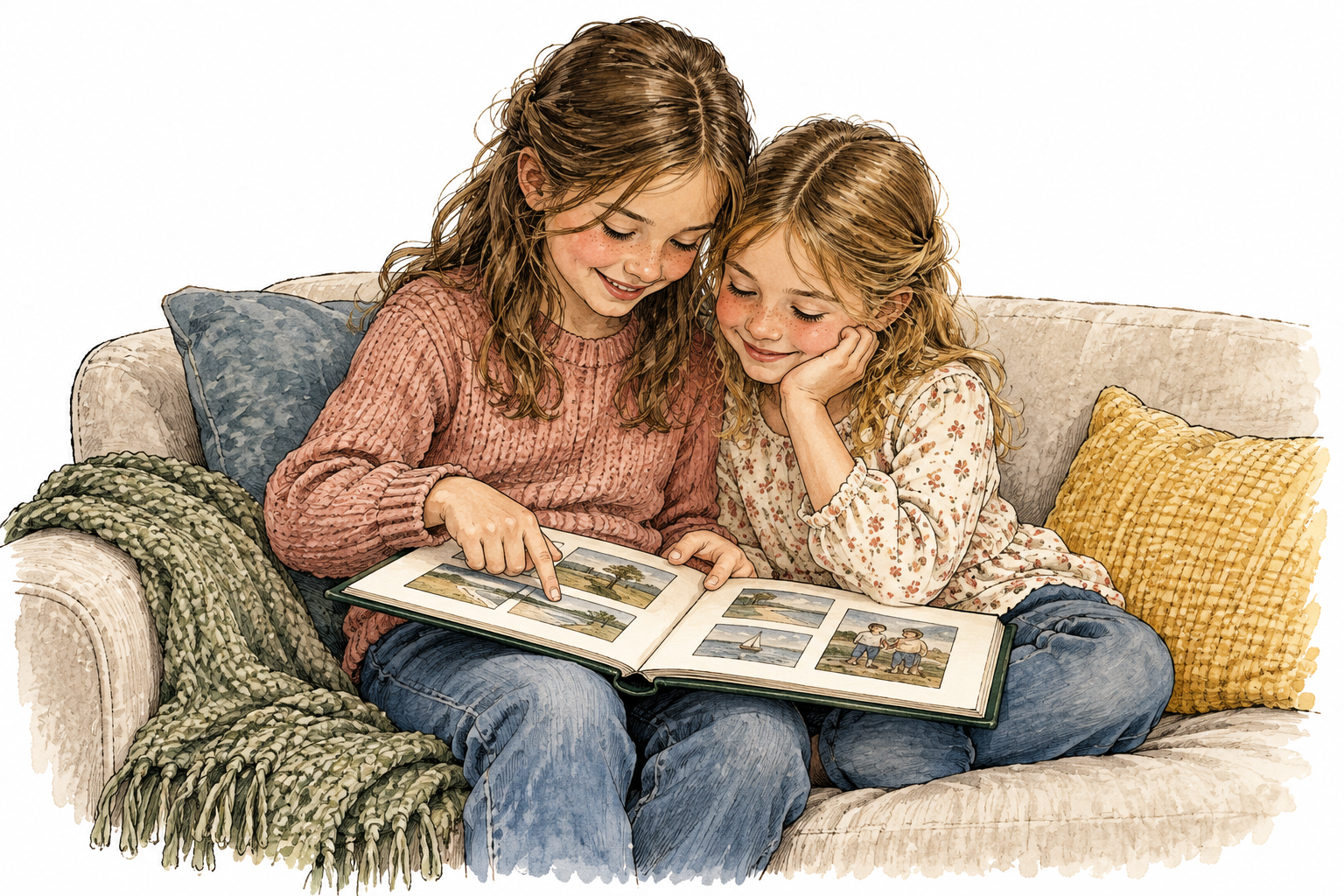 Two sisters with family resemblance sitting together on a sofa sharing a photo album with only pictures, warm sibling closeness, no words.
