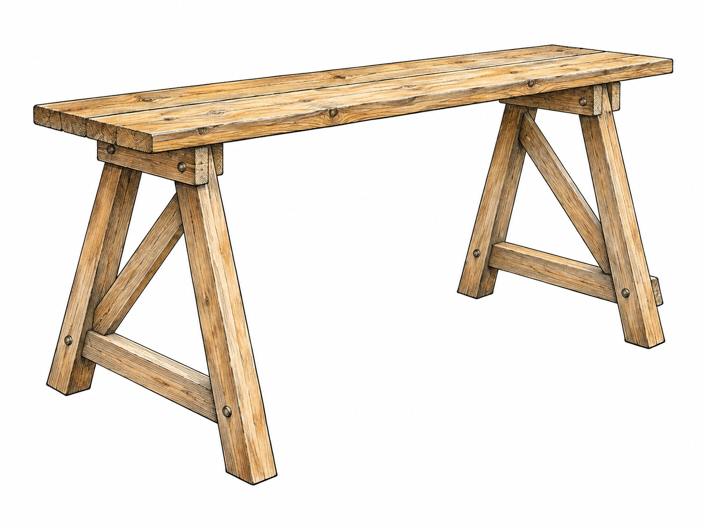Simple wooden trestle framework with two splayed end supports and horizontal top beam holding narrow plank tabletop; load-bearing structure clearly visible, isolated on white.