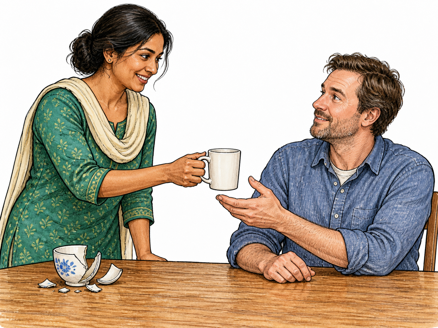 At a table an adult replaces an unavailable broken cup with a clean mug, offering the substitute in its place; simple before-and-after object relationship.