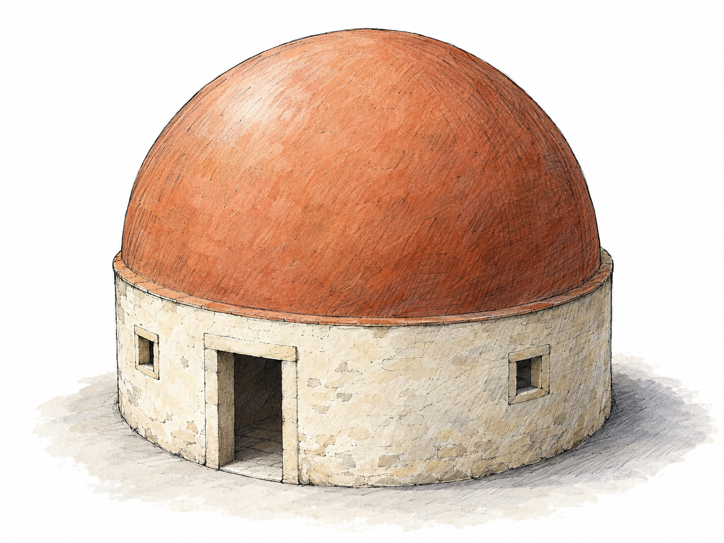 A simple circular building topped by a clearly hemispherical roof, shown from a slightly elevated three-quarter view so the dome's rounded volume and architectural function are immediately visible.