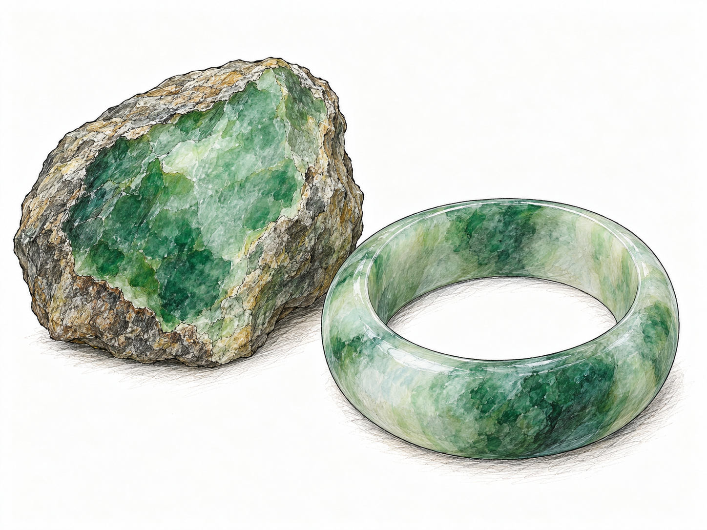 A close, uncluttered still life of a rough green jade stone beside a polished jade bangle, connecting the natural gemstone with its use in jewelry.