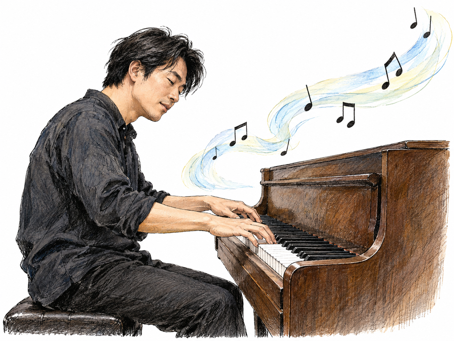 Pianist improvises at a compact piano while an airy flowing ribbon of a few essential musical notes bends freely above the keys, expressive unconstrained composition; no score text or piano brand.