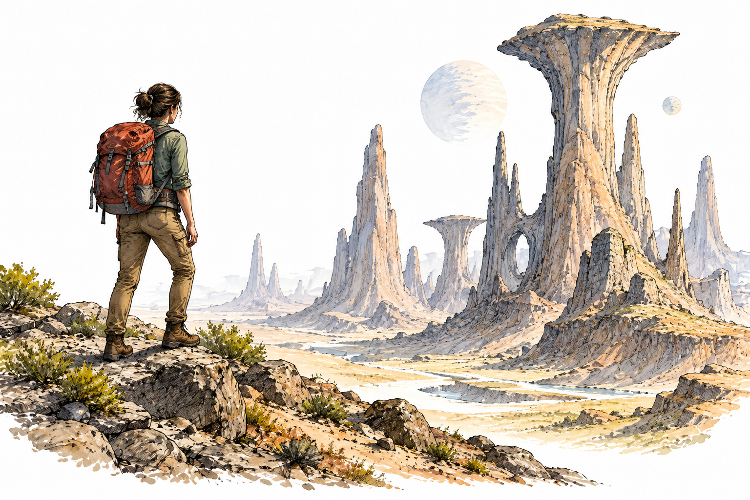 A traveler encounters an unfamiliar landscape of unusual towering rock formations, clearly foreign surroundings.
