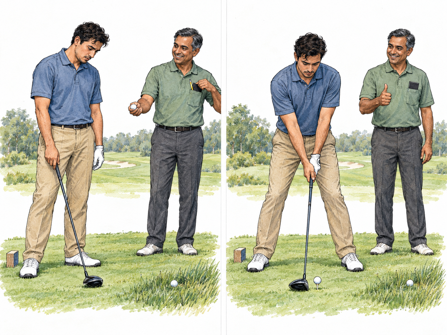 A compact two-moment golf sequence shows a humiliatingly short first shot being waved off by a friendly companion, followed by the same golfer taking a fresh tee shot.