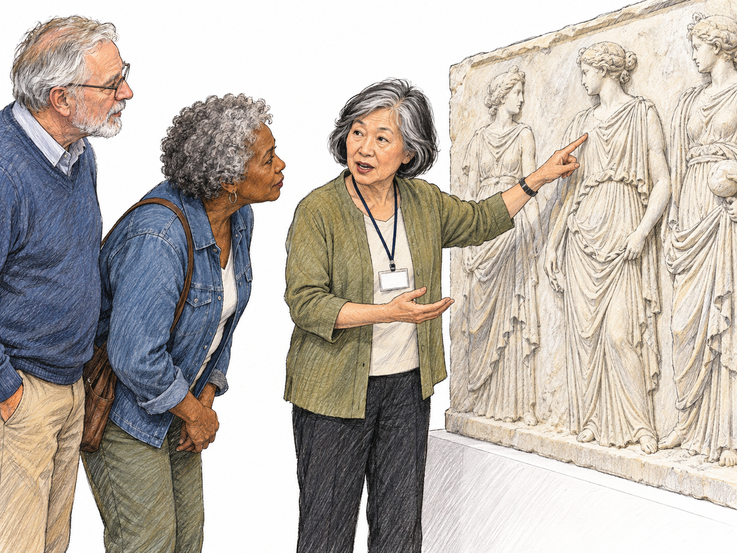 In a small antiquities-gallery vignette, an older guide explains a carved classical relief to two visitors, pointing precisely to one sculpted figure while the visitors follow her explanation.