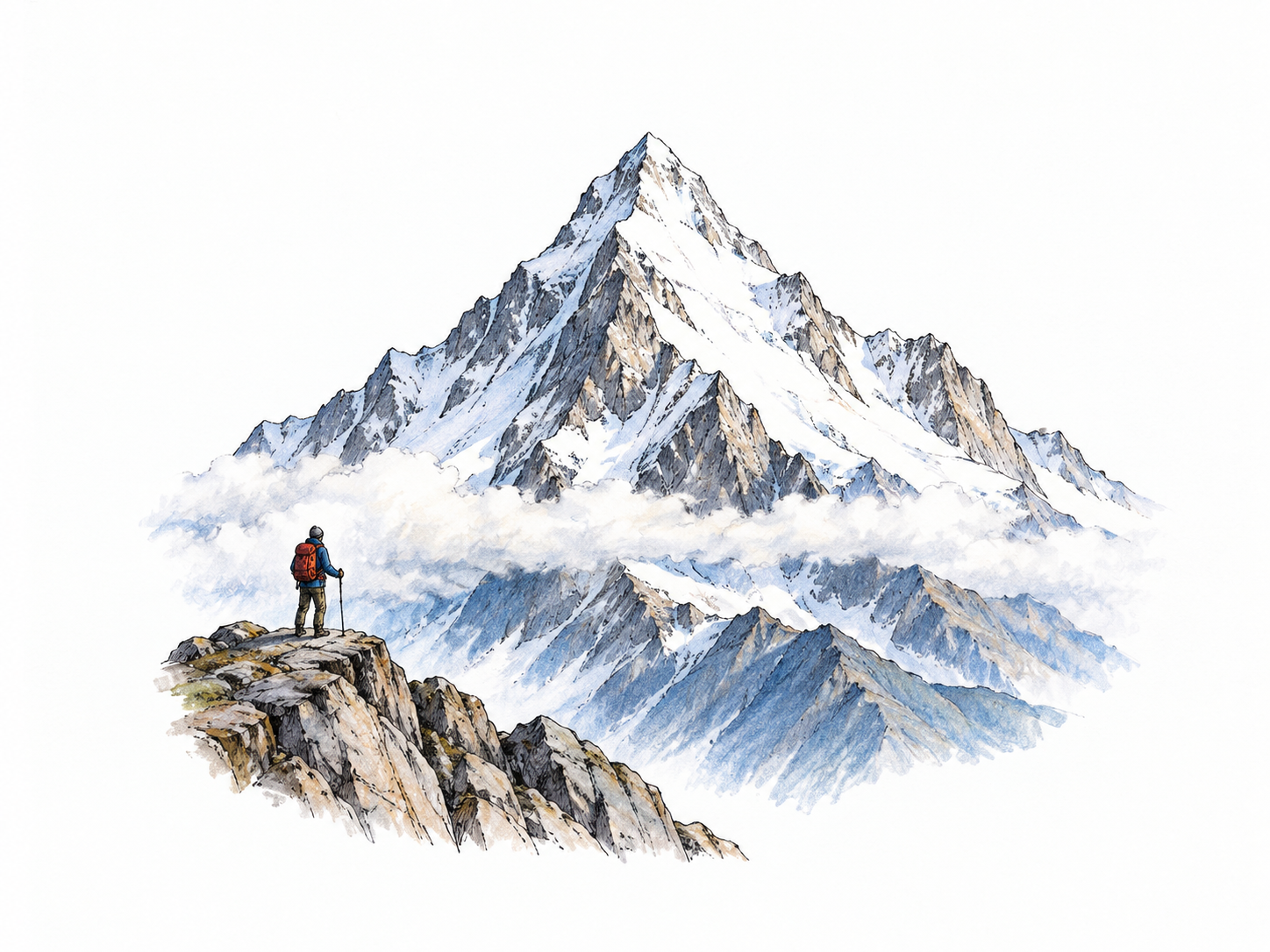 Majestic single snowcapped mountain peak rises above thin cloud ribbon with tiny distant hiker for scale; crisp ink and restrained washes inside compact vignette, large white margin, awe without dense panorama.