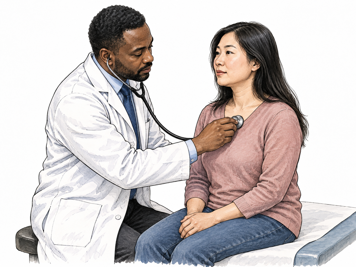 A clinician listens to an adult patient's chest with a stethoscope in a sparse clinic vignette, medical treatment context, fully clothed patient.