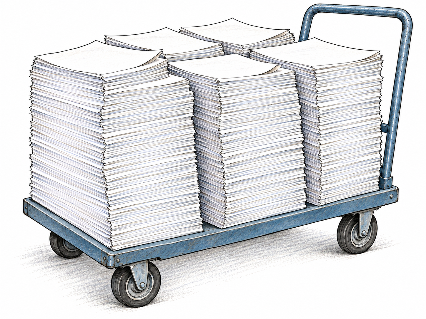 A small handcart laden with an exceptionally large quantity of loose paper, its tall load made legible by layered sheet edges and several staggered bundles.