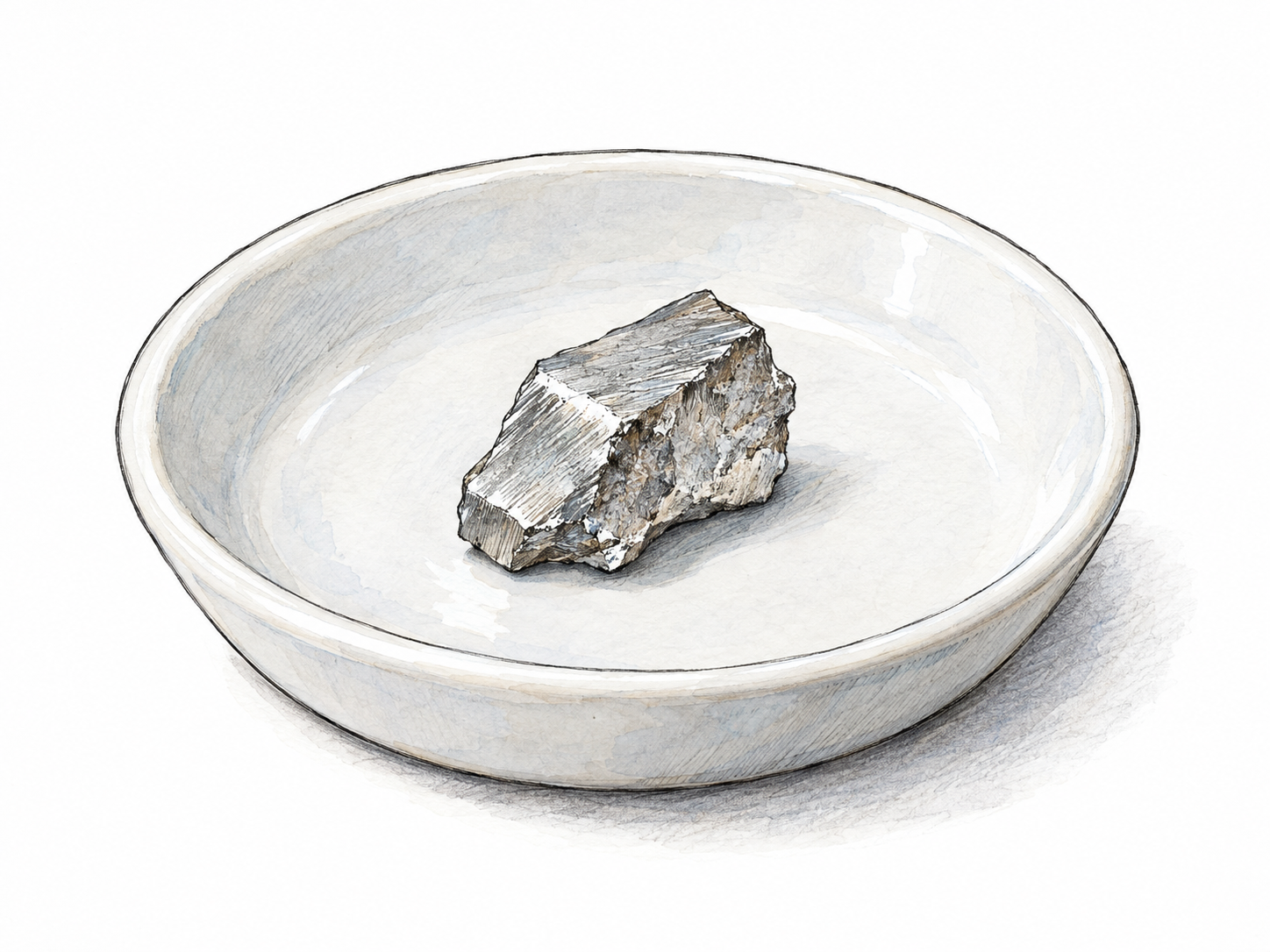 A small silvery scandium metal specimen on a plain laboratory weighing dish, with an irregular broken face and softly reflective metallic edges.