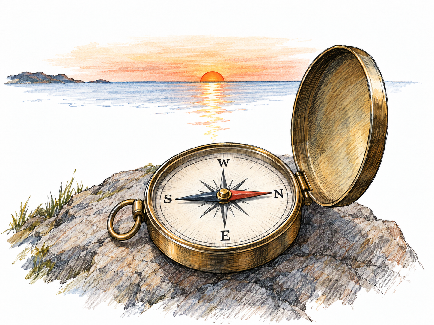 A foreground compass points the viewer toward a low setting sun, with its west marking aligned directly with the sun at the horizon.
