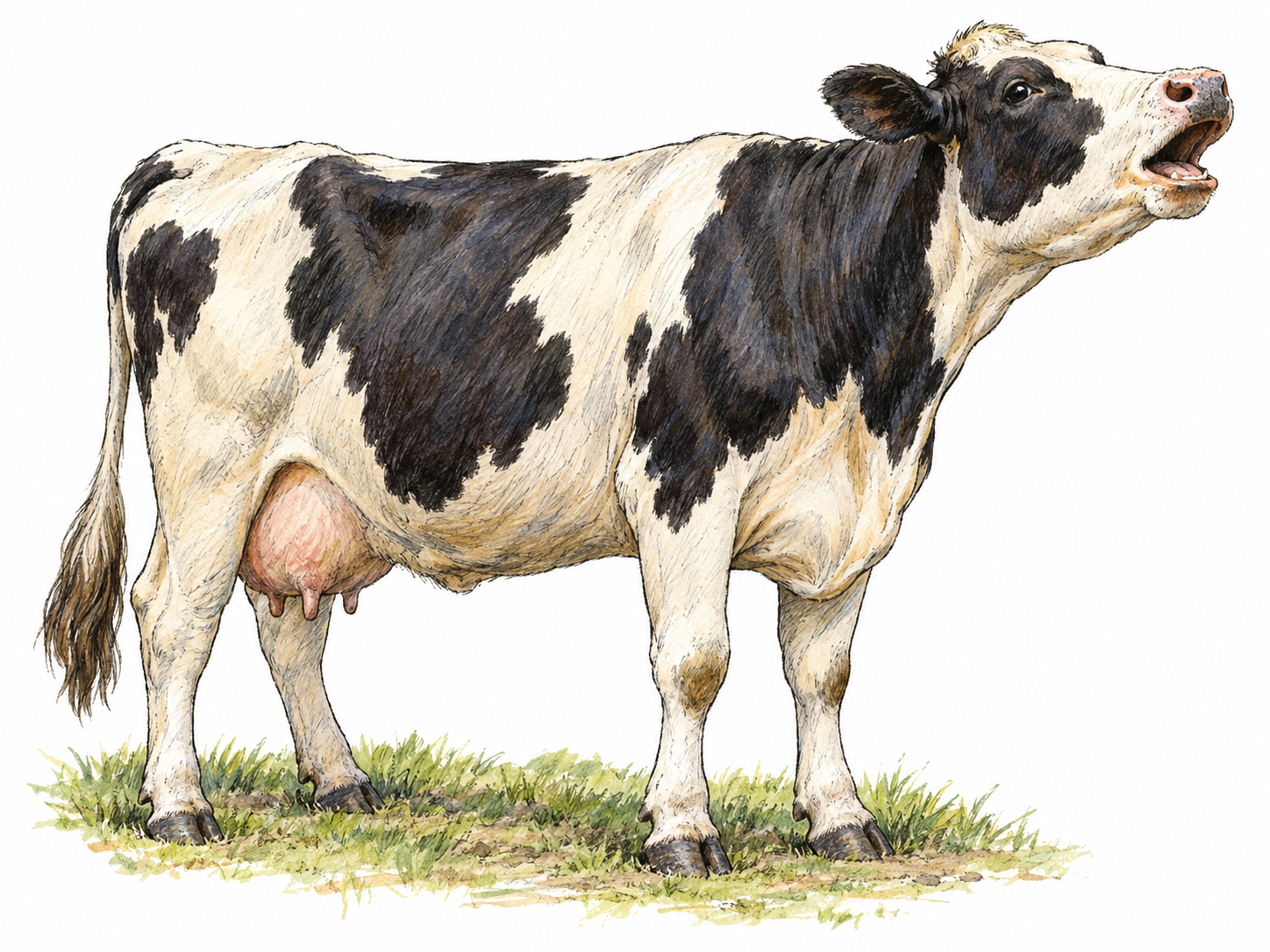 A cow actively lowing, with its neck extended, head slightly raised, and mouth open in a natural calling posture.