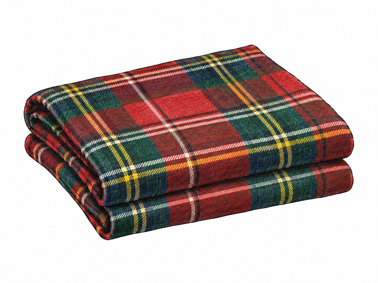A folded piece of Scottish tartan wool with clearly intersecting colored horizontal and vertical stripes forming plaid checks, crisp fabric edges, no clan emblems or words.