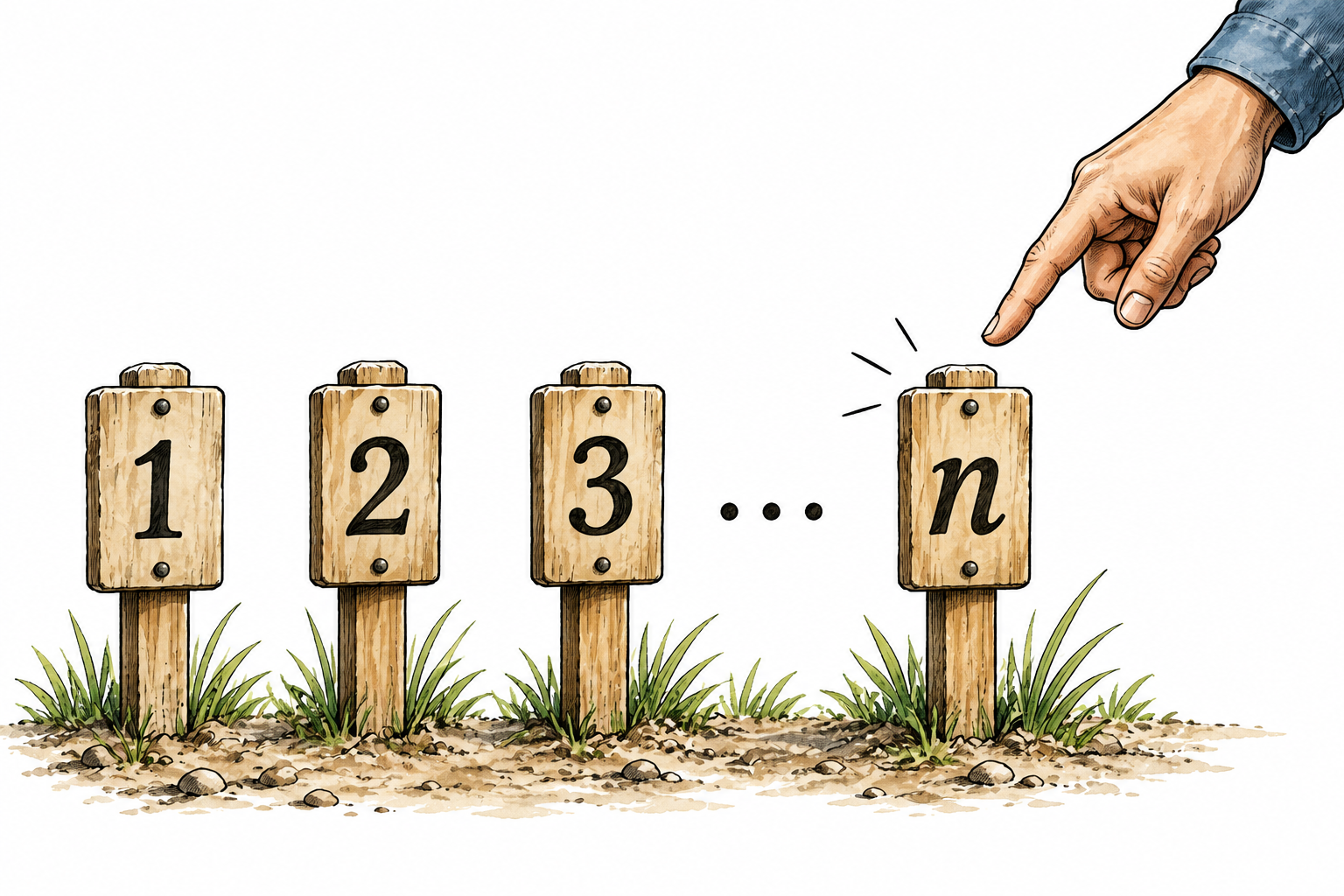 A row of simple wooden markers numbered 1,2,3 followed by small ellipsis and a final marker n, the last arbitrary position emphasized by a hand pointing; only these mathematical characters.