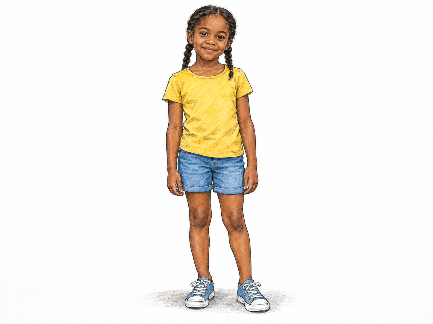 A single school-age girl stands in a relaxed, natural pose, with her youthful face and childlike proportions clearly visible.