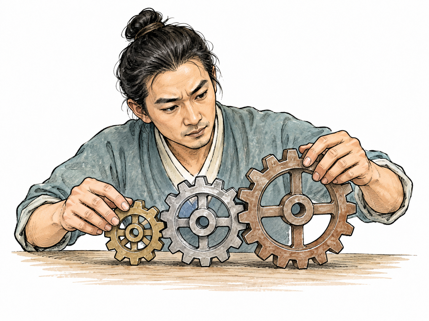 A person carefully connects a simple sequence of three mechanical gears, showing orderly linked cause and effect; each tooth meshes plausibly, focused thoughtful face and no writing.