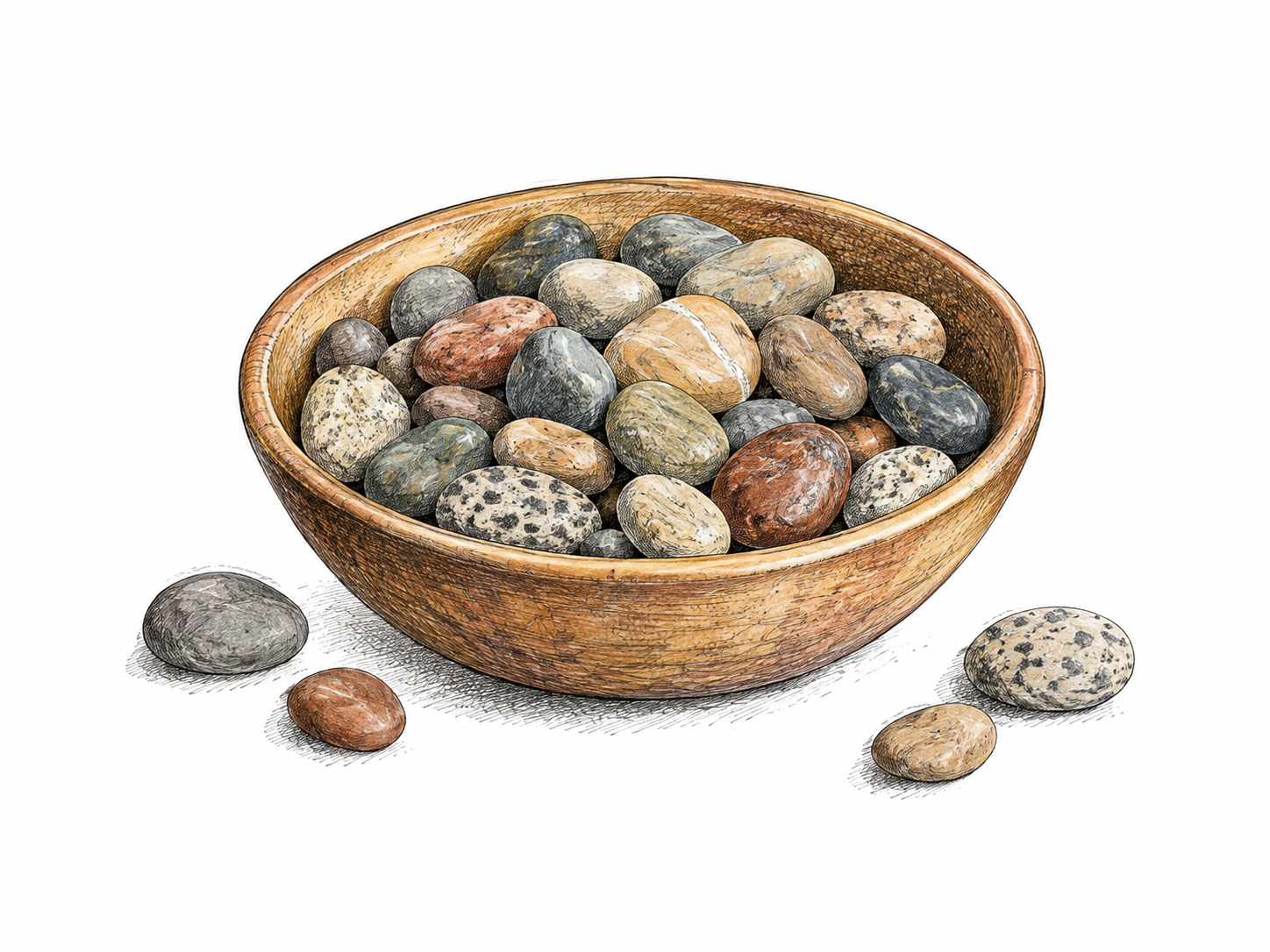 Many individual rounded pebbles gathered together in one shallow bowl, a few separate pebbles just outside, collection/grouping clear.