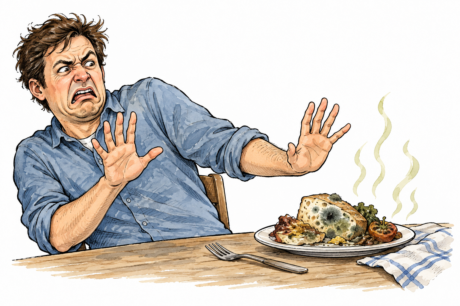 Adult recoils in disgust from rotten moldy food on plate, unpleasant but non-graphic.