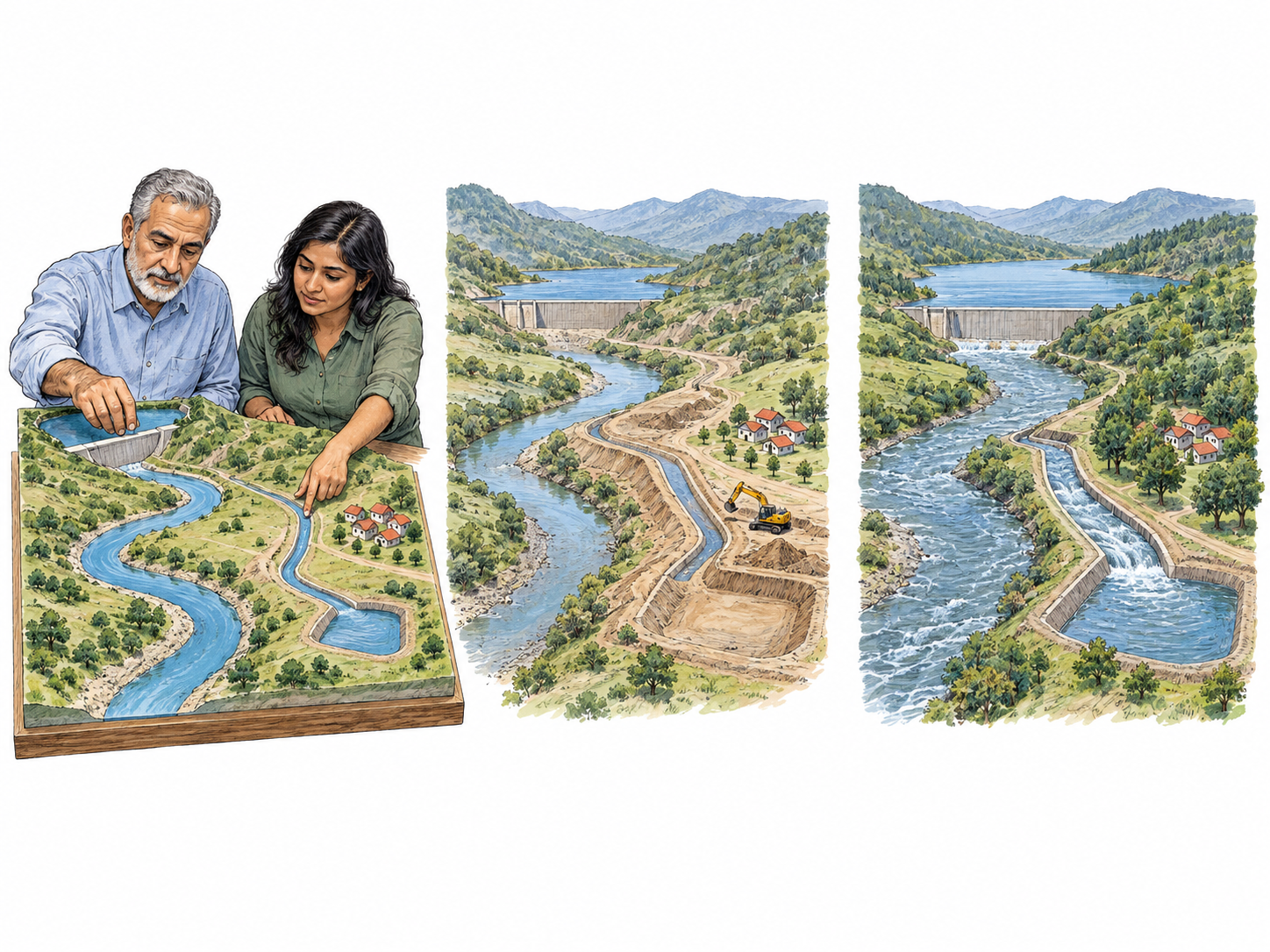 A three-stage flood-protection plan: planners organize linked defenses for a vulnerable town, construction follows their layout, and the completed system protects the town during a later flood.