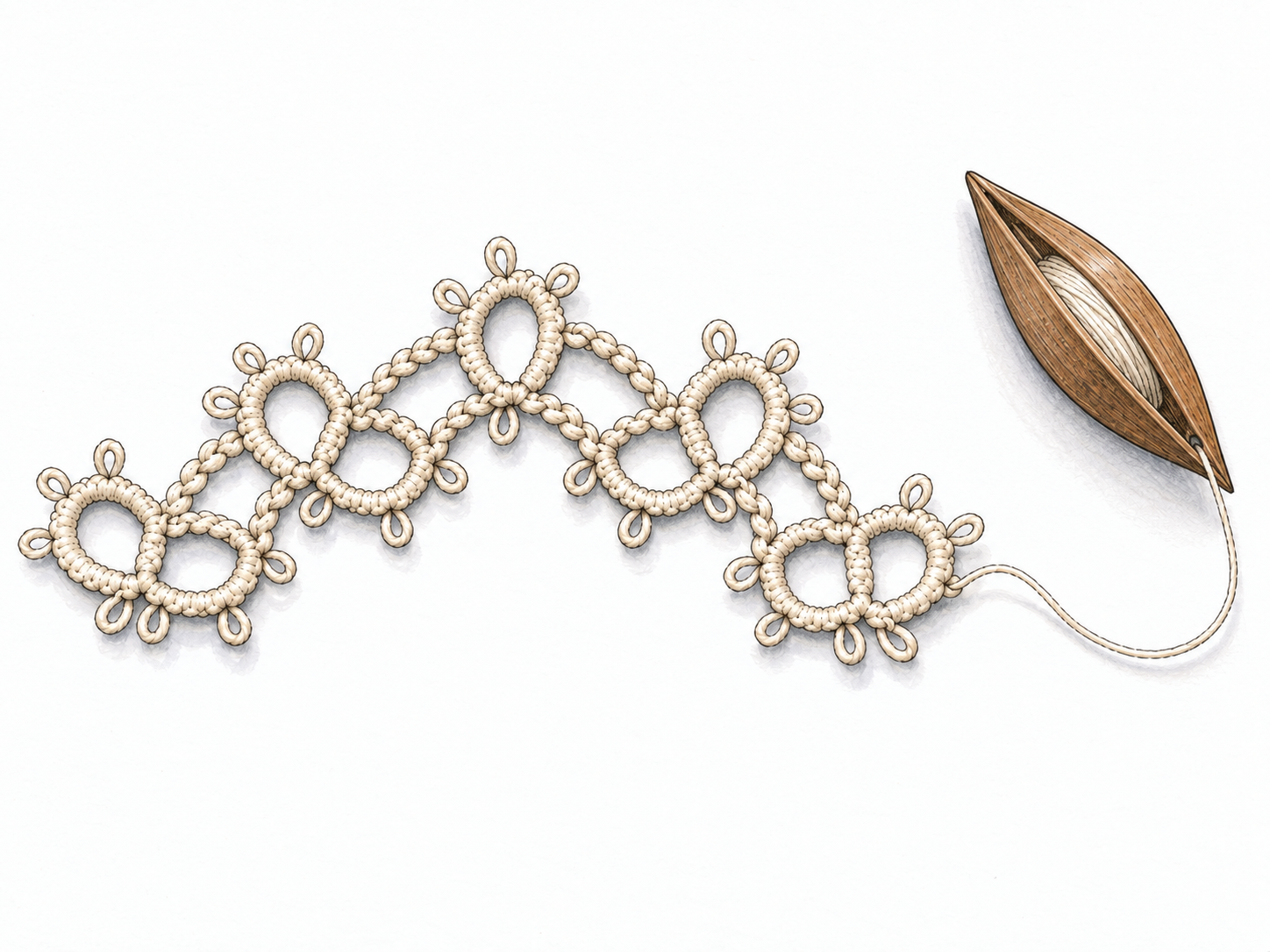 A close-up of handmade tatted lace: a small ivory edging formed from linked knotted rings and curved chains, with tiny picot loops and a tatting shuttle still attached by thread.