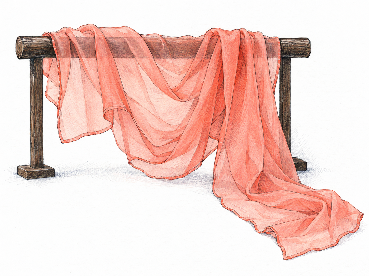 A length of pale coral chiffon draped loosely over a simple dark wooden rail, with the rail visible through its translucent single layer and overlapping folds becoming deeper in color.