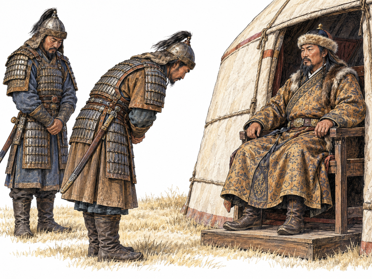 A medieval Mongol khan receives the formal salute of two armed retainers outside a steppe felt tent.