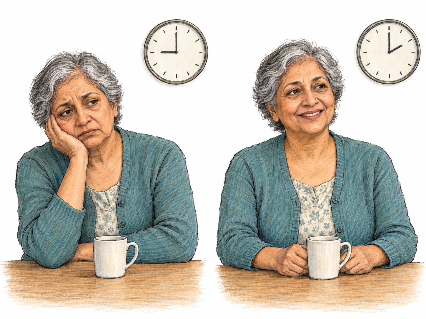 Two matched, text-free vignettes show the same older woman at the same kitchen table at different times: first visibly glum, later cheerful.