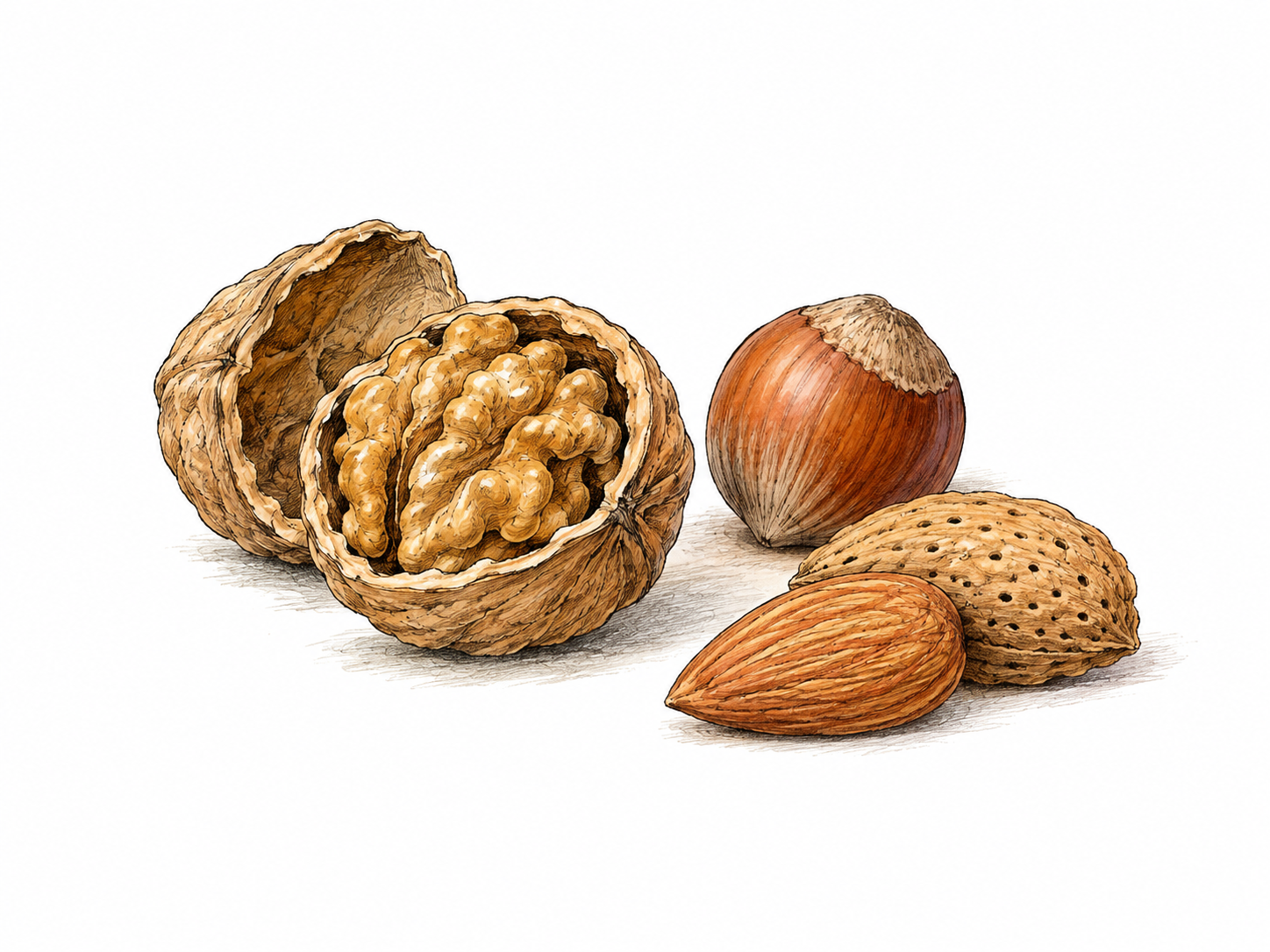 A small natural assortment of edible nuts: one walnut cracked into two ridged shell halves exposing its kernel, one whole hazelnut, and one almond kernel beside its rough shell.