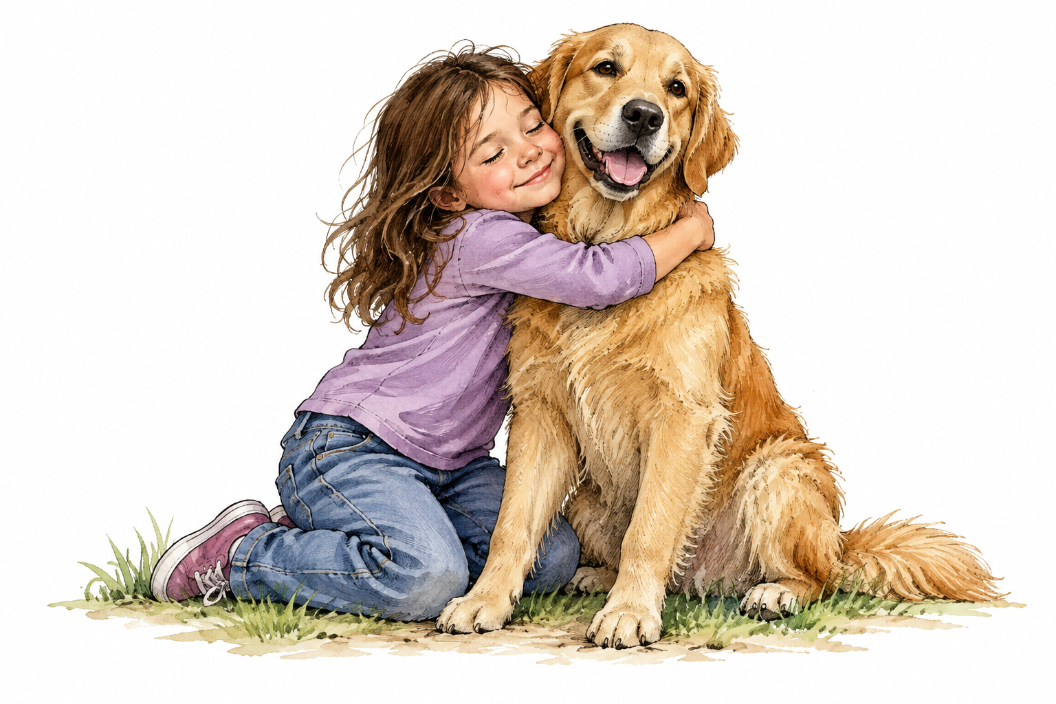 A child hugs a beloved pet dog with clear gentle affection, safe calm dog.