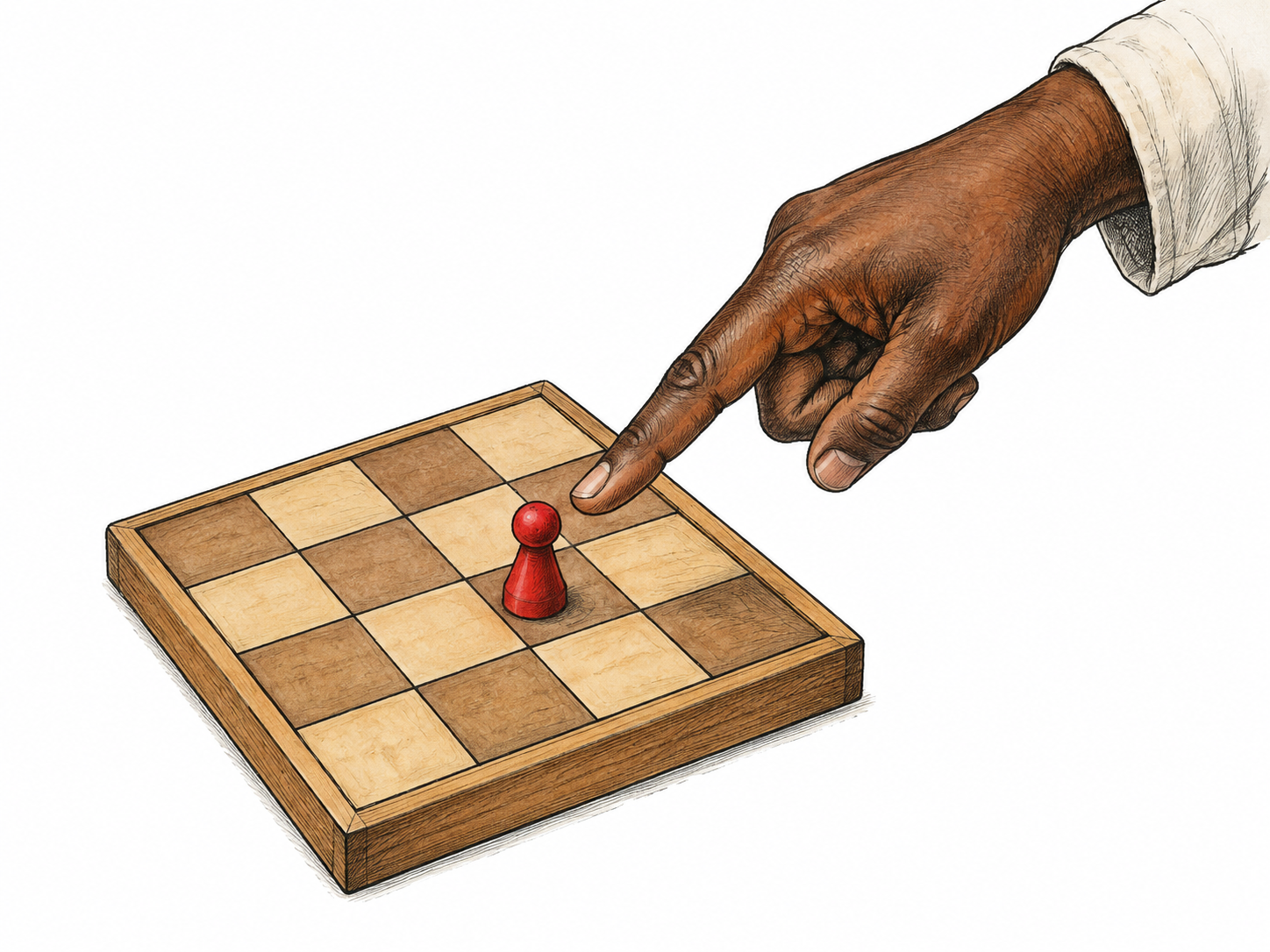 A small red wooden pawn occupies one precise square of a simple unlettered four-by-four gameboard while an adult fingertip points directly to that square.