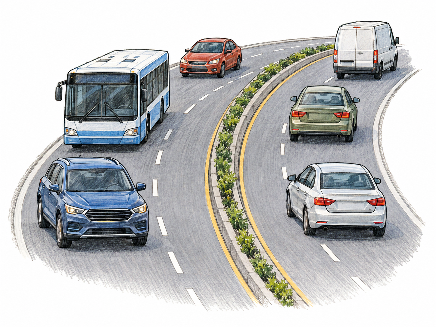 A short curved stretch of divided roadway carrying cars, a bus, and a delivery van in opposite directions, clearly depicting vehicular traffic rather than parked vehicles.