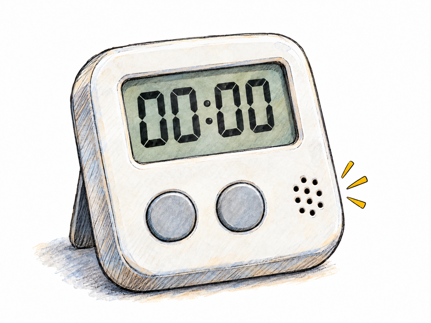 A small electronic kitchen timer emits one brief, high-pitched chirp, represented by a tiny sound burst reading “pip!” beside its speaker grille.