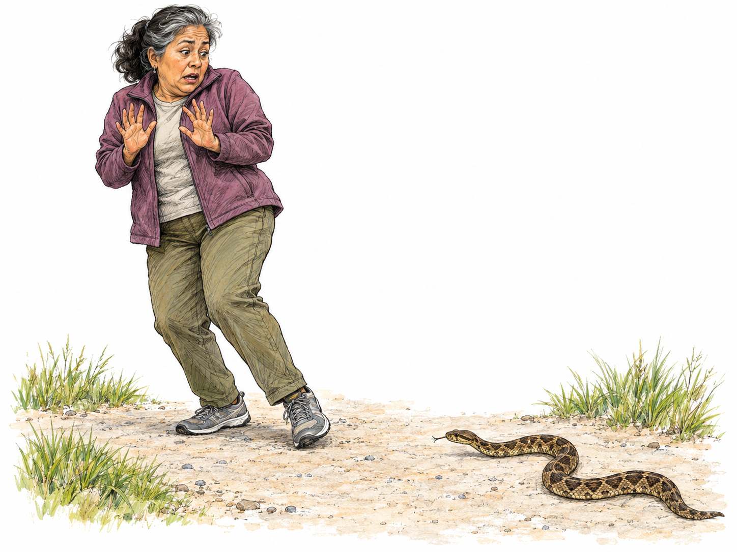 An older Latina woman recoils from a snake on a walking path, her widened eyes, tense shoulders, and raised hands making fear the clear focus.