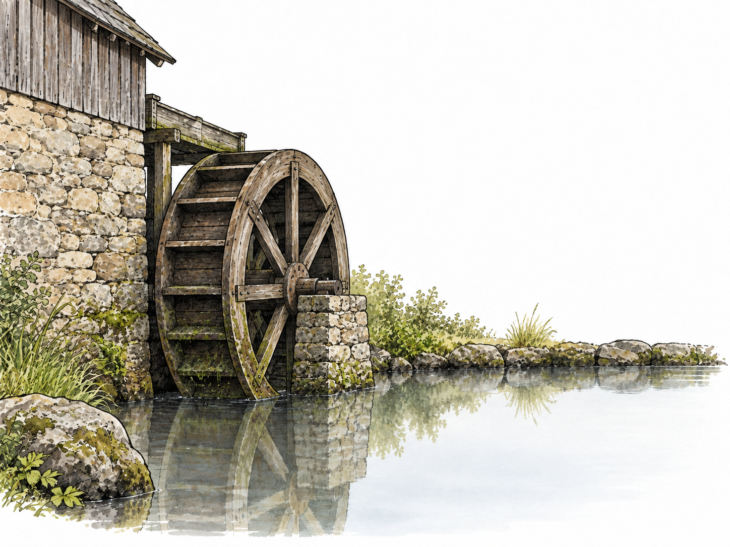 A motionless old mill wheel beside still water, no visible change.