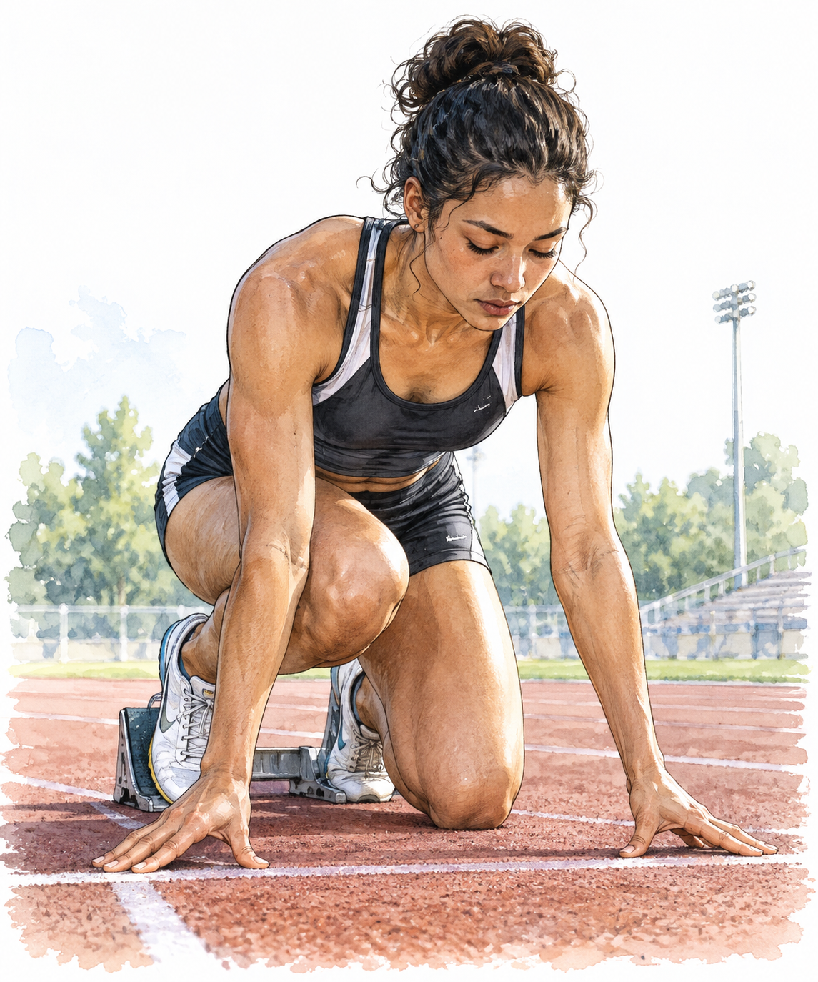 Female athlete mentally prepares before a race, focused breathing and determined posture.