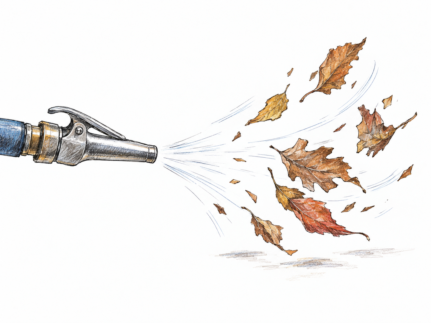 A sudden powerful blast of air from a metal nozzle sends a small cluster of dry leaves sharply outward across a bare surface.