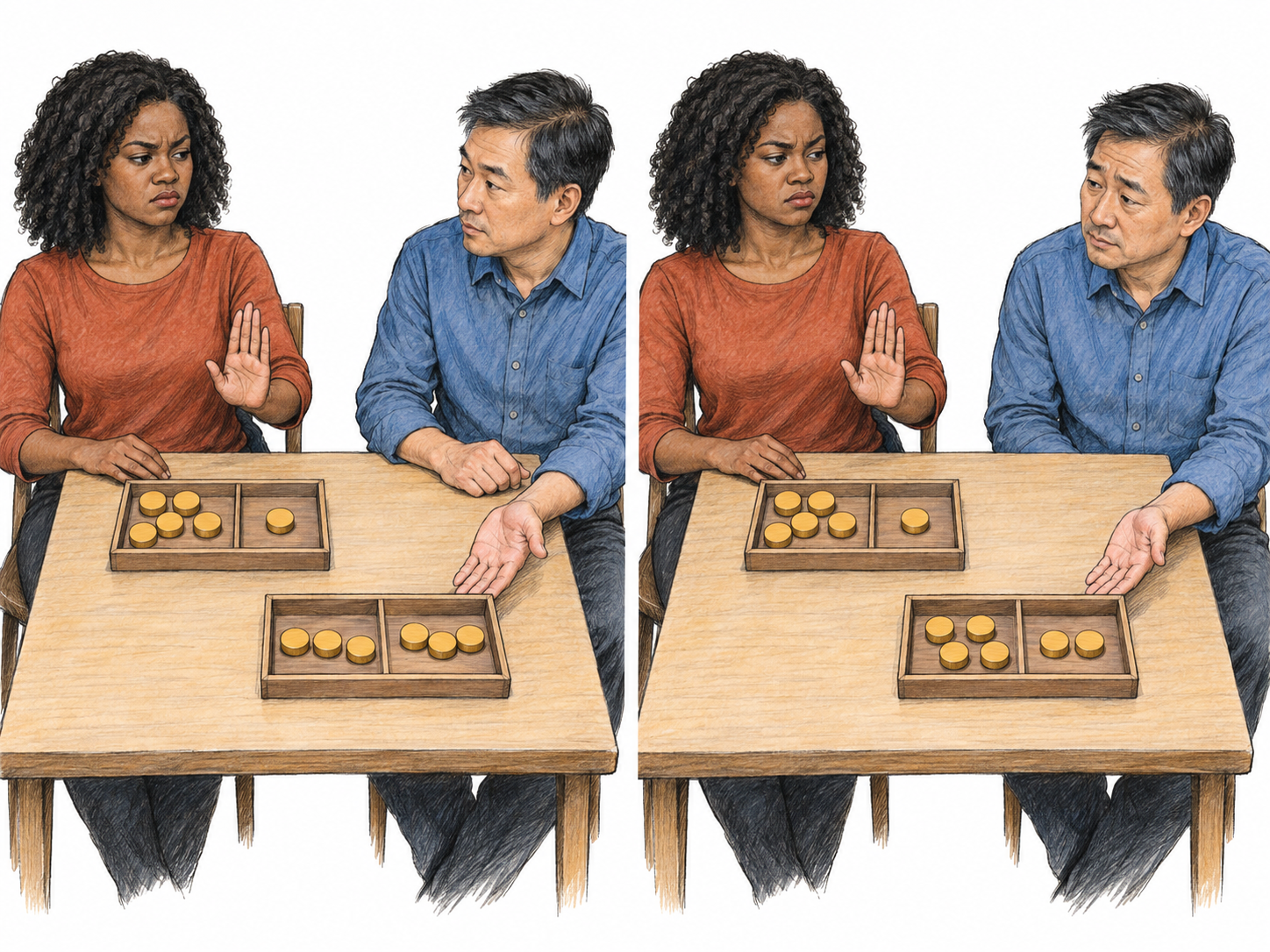 A compact two-moment negotiation shows one participant making a substantial concession while the other maintains exactly the same demand and repeats her refusal.