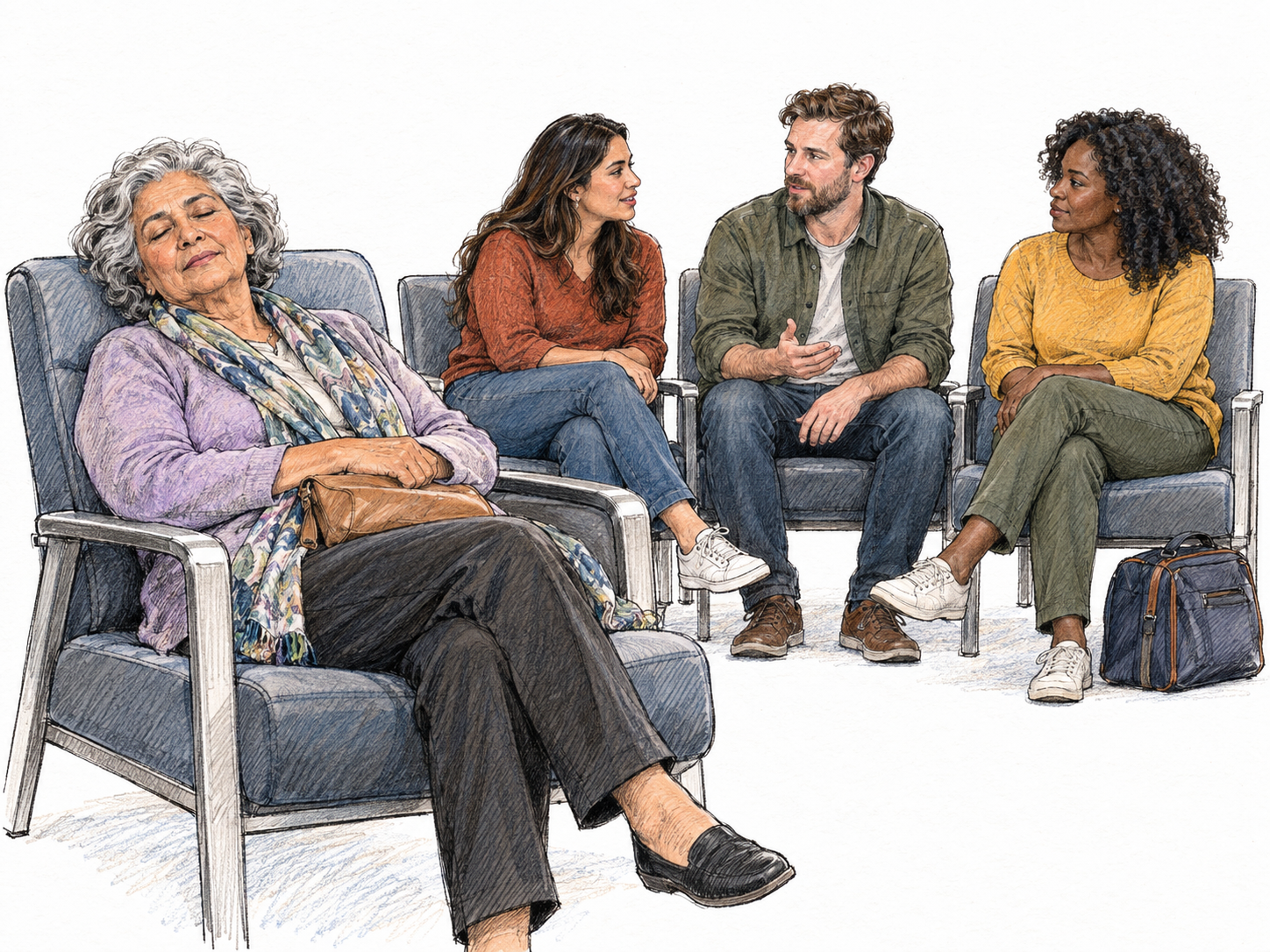 A subdued background murmur: a small group converses quietly beside an undisturbed dozing passenger in an otherwise quiet waiting lounge.
