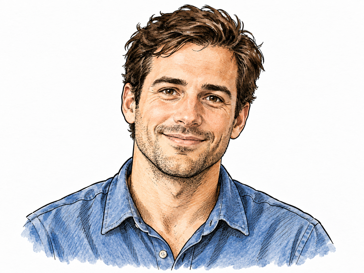 A modern adult man shown head-and-shoulders with natural dark-brown hair, clear brown tone under neutral light, no text or accessories obscuring hair.