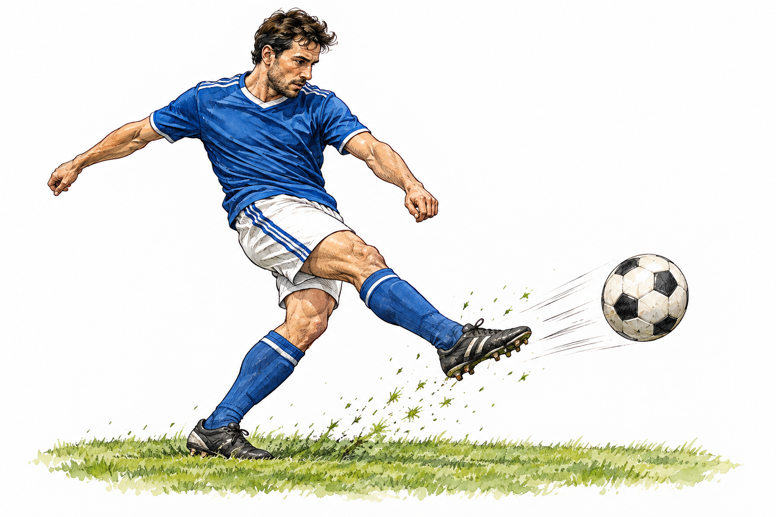 An adult kicks a soccer ball with the instep, accurate leg anatomy and sporting context.