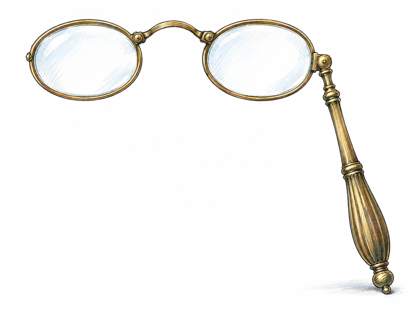 An isolated lorgnette with two joined eyeglass lenses and a long handle attached at one outer edge, clearly lacking the arms used to wear ordinary glasses.
