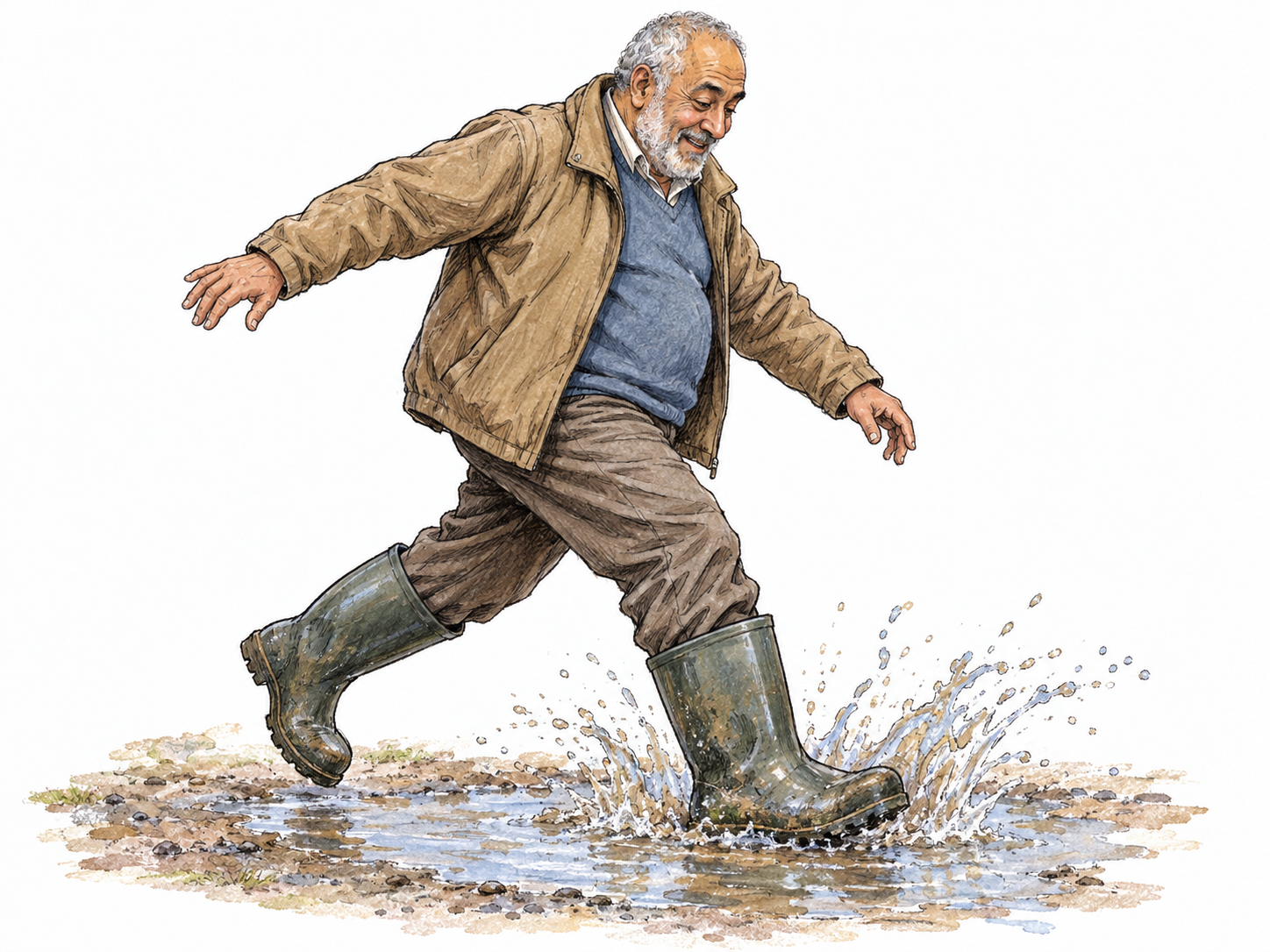 An older man galumphs through a shallow puddle in oversized rubber boots, landing one boot flat with a broad splash while the other swings awkwardly outward; his bent knees and splayed arms make the heavy, ungainly movement visible.