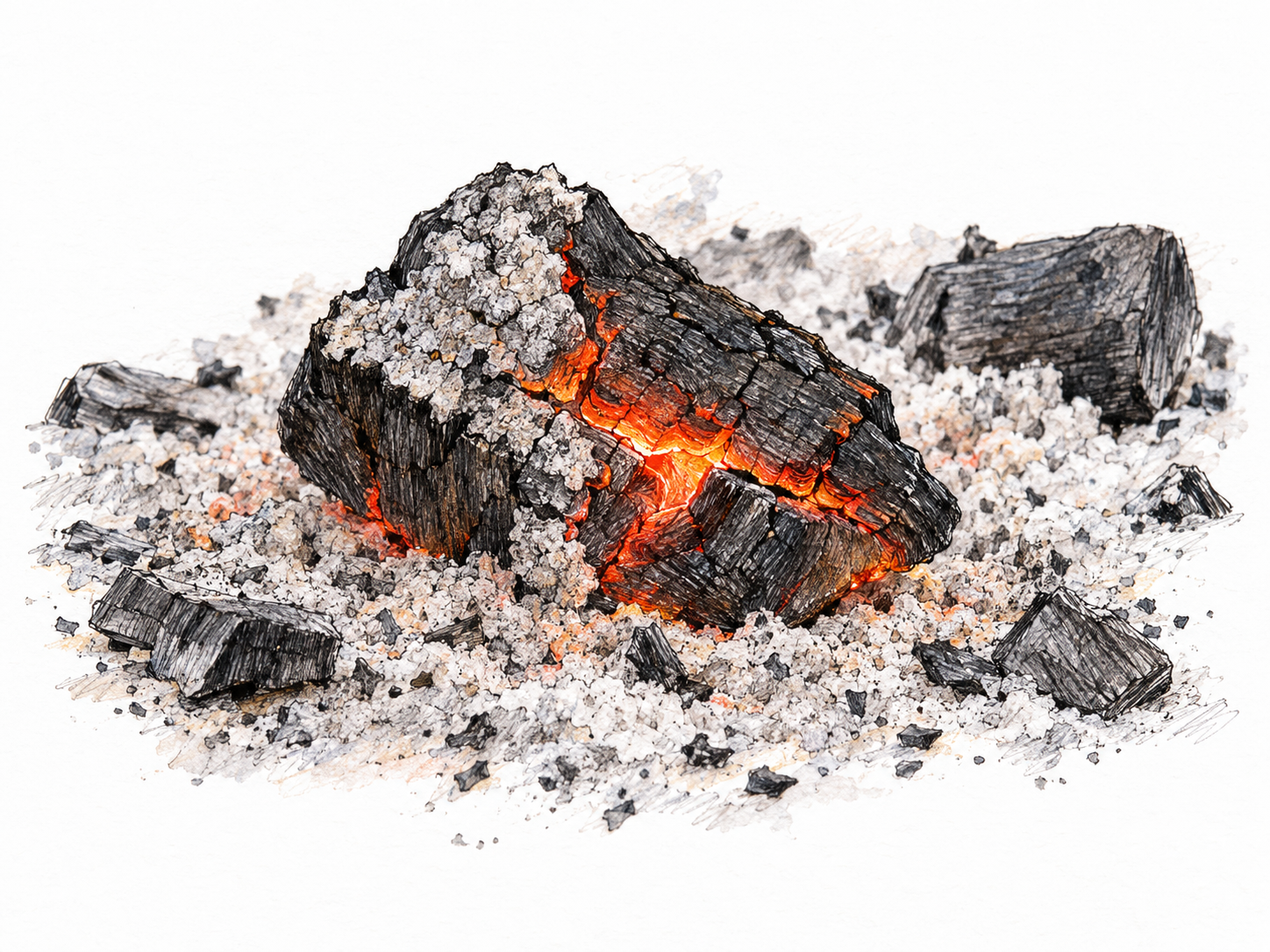 A small charred fragment glows orange-red through cracks in its ash-coated surface, resting among pale ashes and a few cold charcoal remnants of a dying fire.