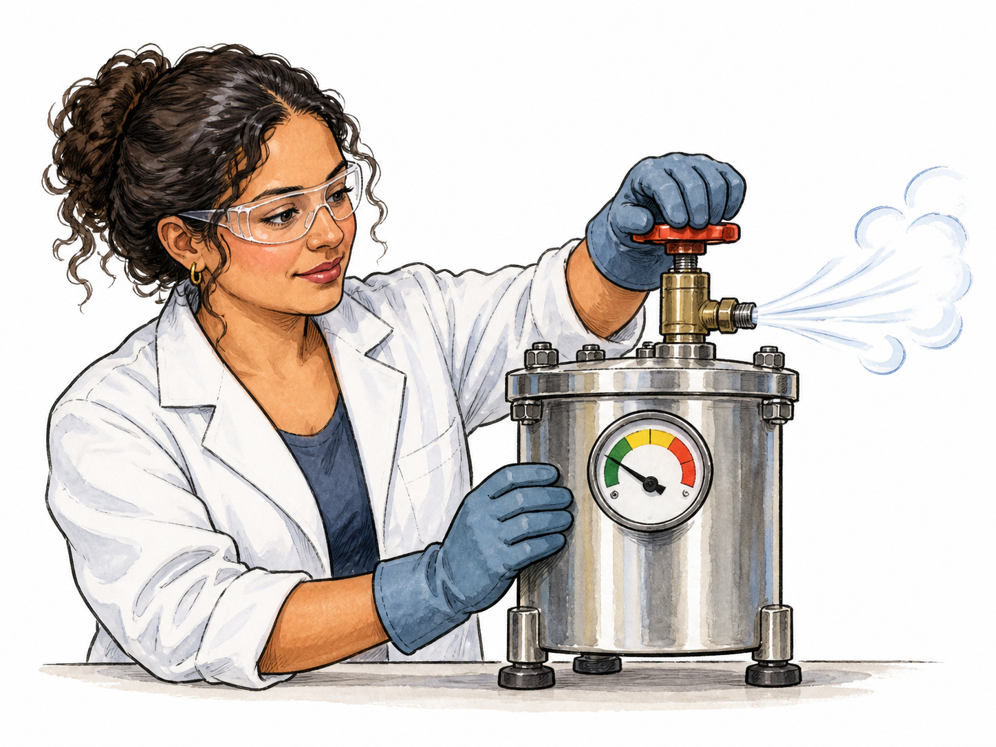 An engineer opens a release valve on a small safe laboratory pressure chamber; air escapes as light curved motion lines and a simple gauge needle points toward the low colored zone, no numerals or writing.