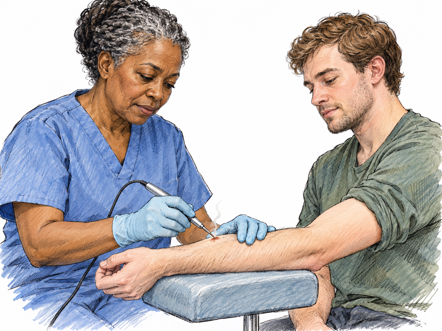 An older Black woman clinician uses a fine thermal cautery probe to seal a small superficial wound on a young white man's forearm in a spare modern clinical setting.