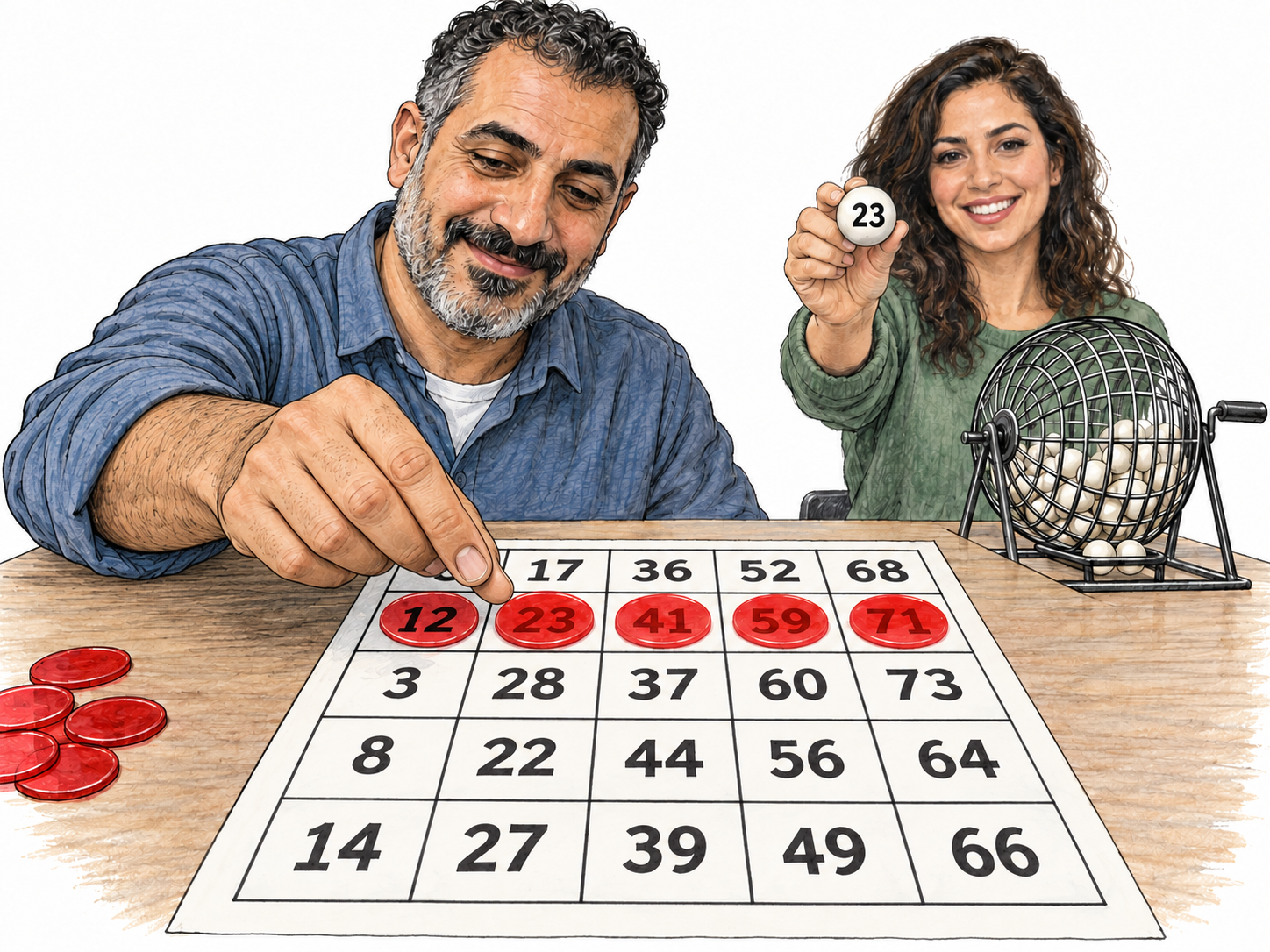 A bingo player places a counter on the number matching the ball displayed by a caller beside a bingo cage, completing a clearly visible row on his numbered card.