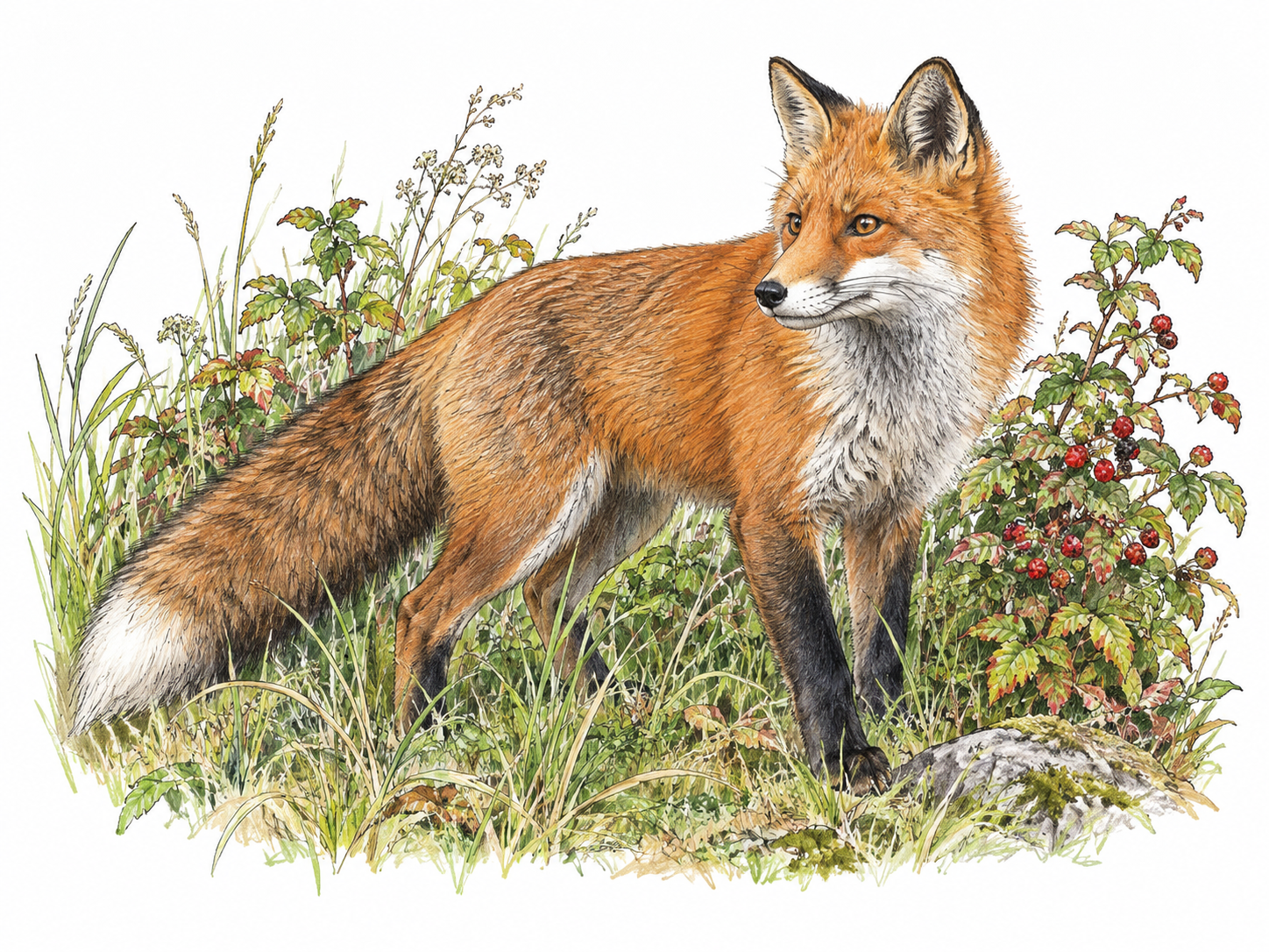 Red fox alert in small untrimmed grass and berry shrub patch, free natural animal without collar/fence or human objects.