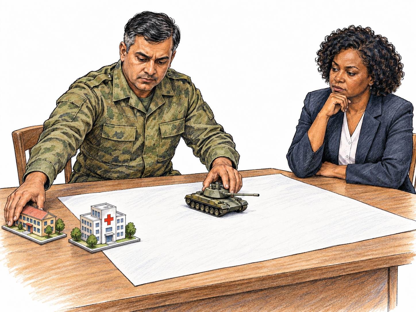 At a modern national-policy planning table, a military advocate places a tank model at the center of the plan while moving models of a school and hospital to the margin; a civilian policymaker observes.