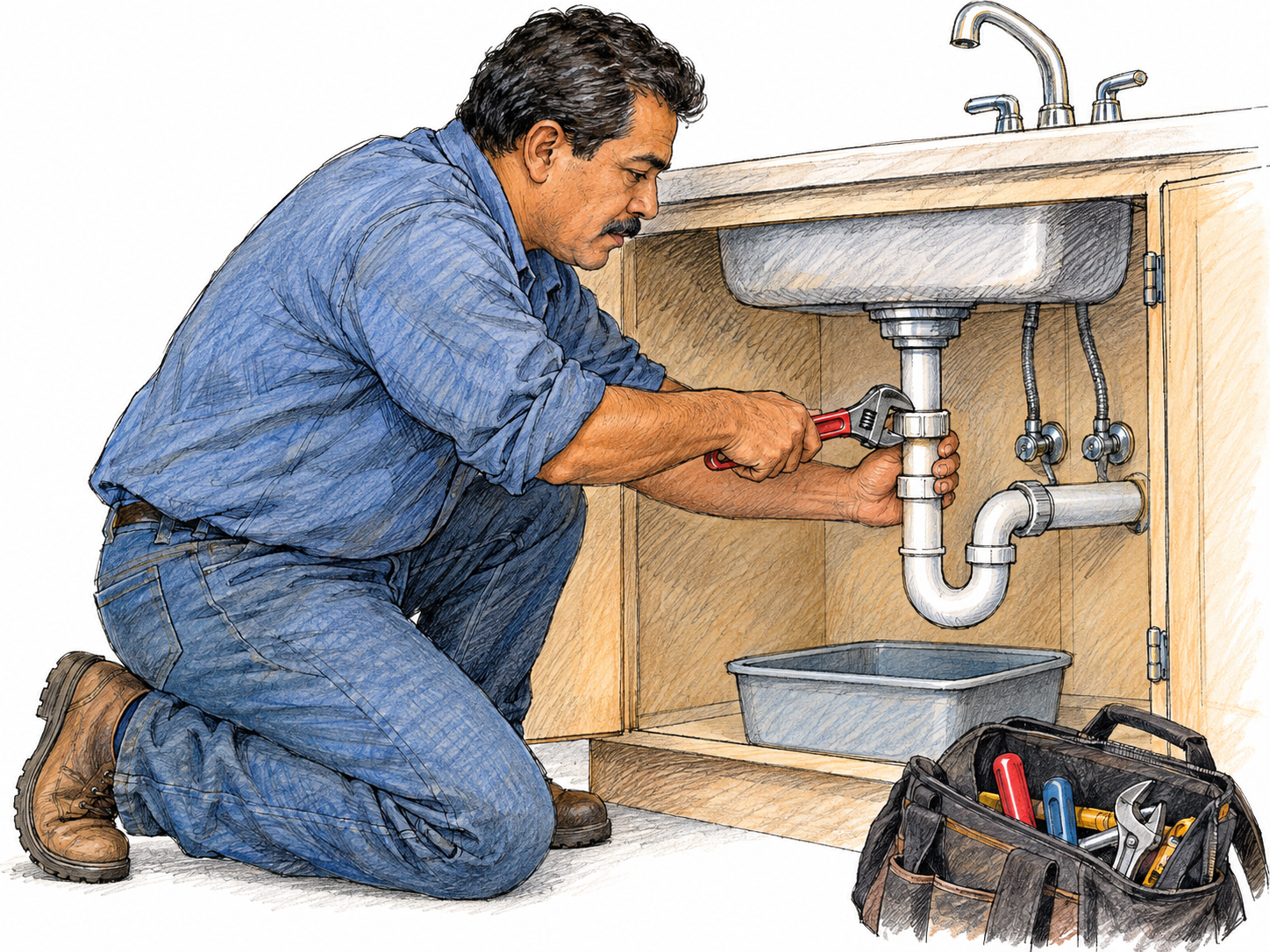 A plumber kneels beside an open under-sink cabinet, using a wrench to tighten a visible drain-pipe connection.